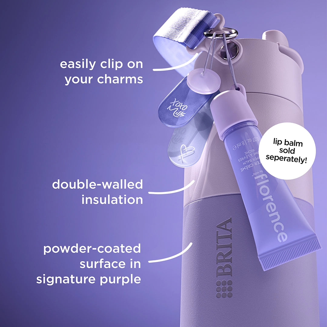 A close-up of the florence by mills x BRITA LARQ bottle on purple background.