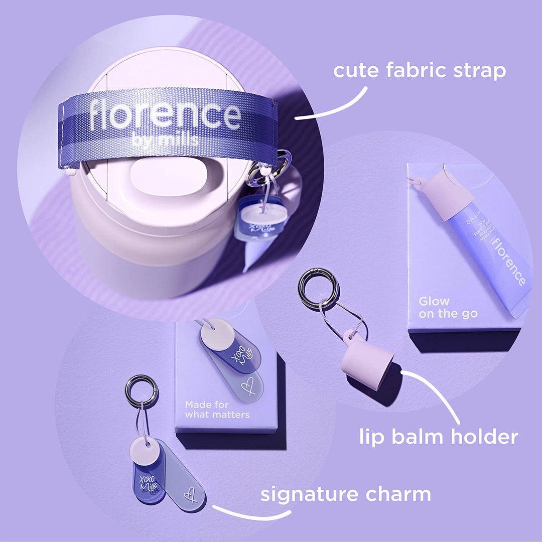 florence by mills x BRITA LARQ bottle on purple background with accessoires.