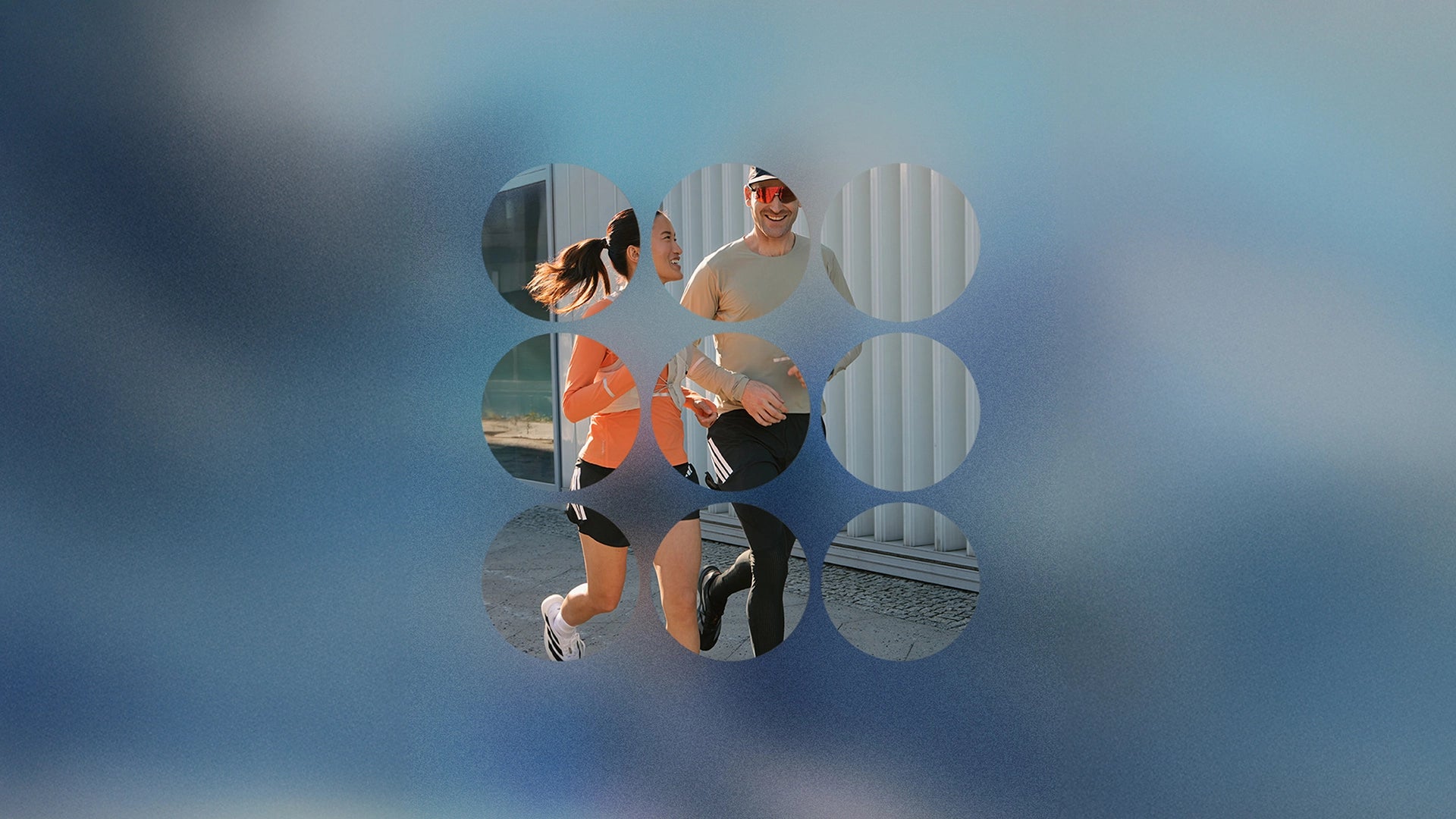 Load video: A man and a woman, both athletic, get ready for a run, followed by action shots of them running.