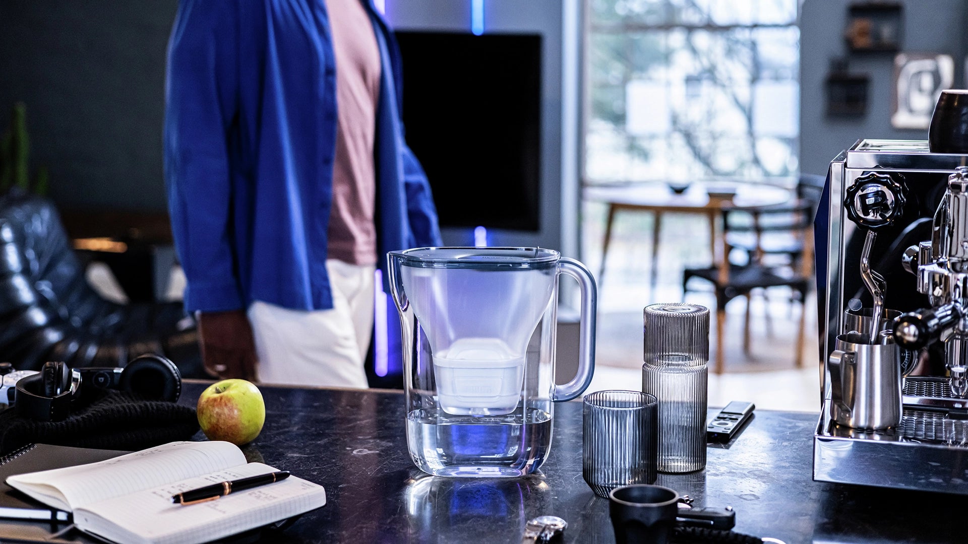 BRITA water filter jug Style Essential in blue on kitchen counter.