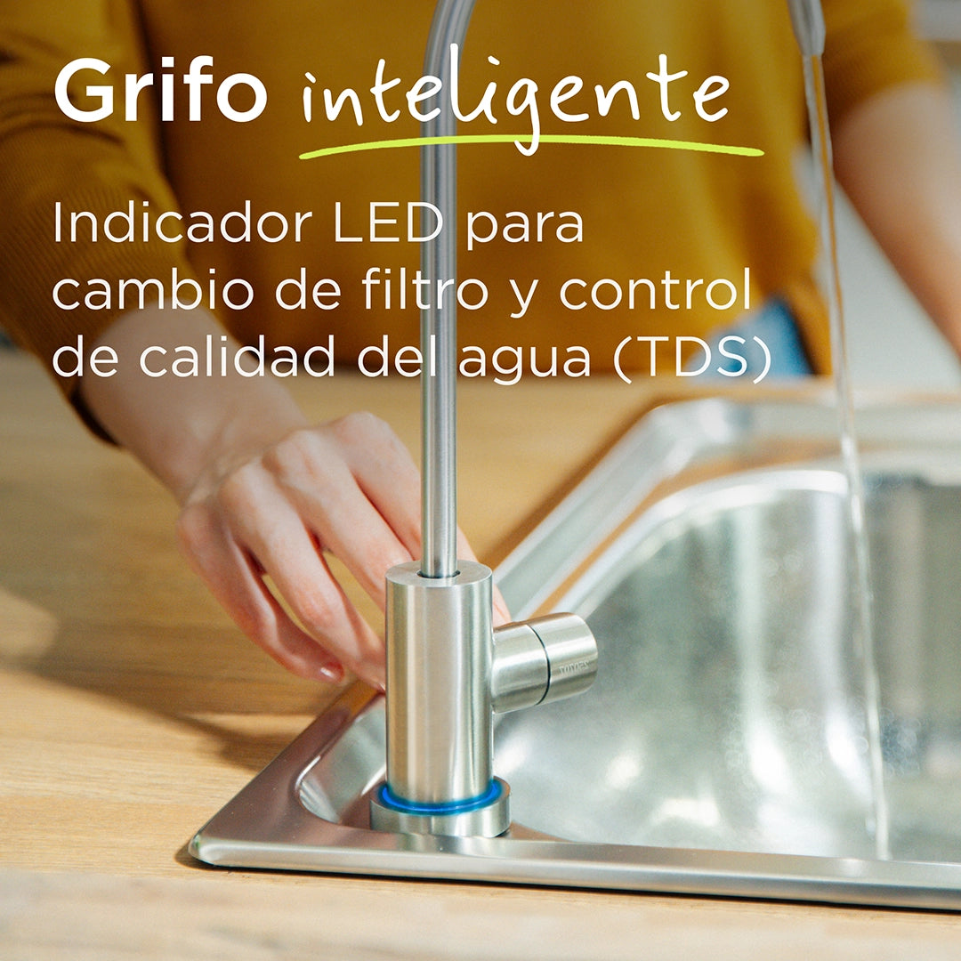 Close-up of a BRITA mypure RO tap with LED status indicator