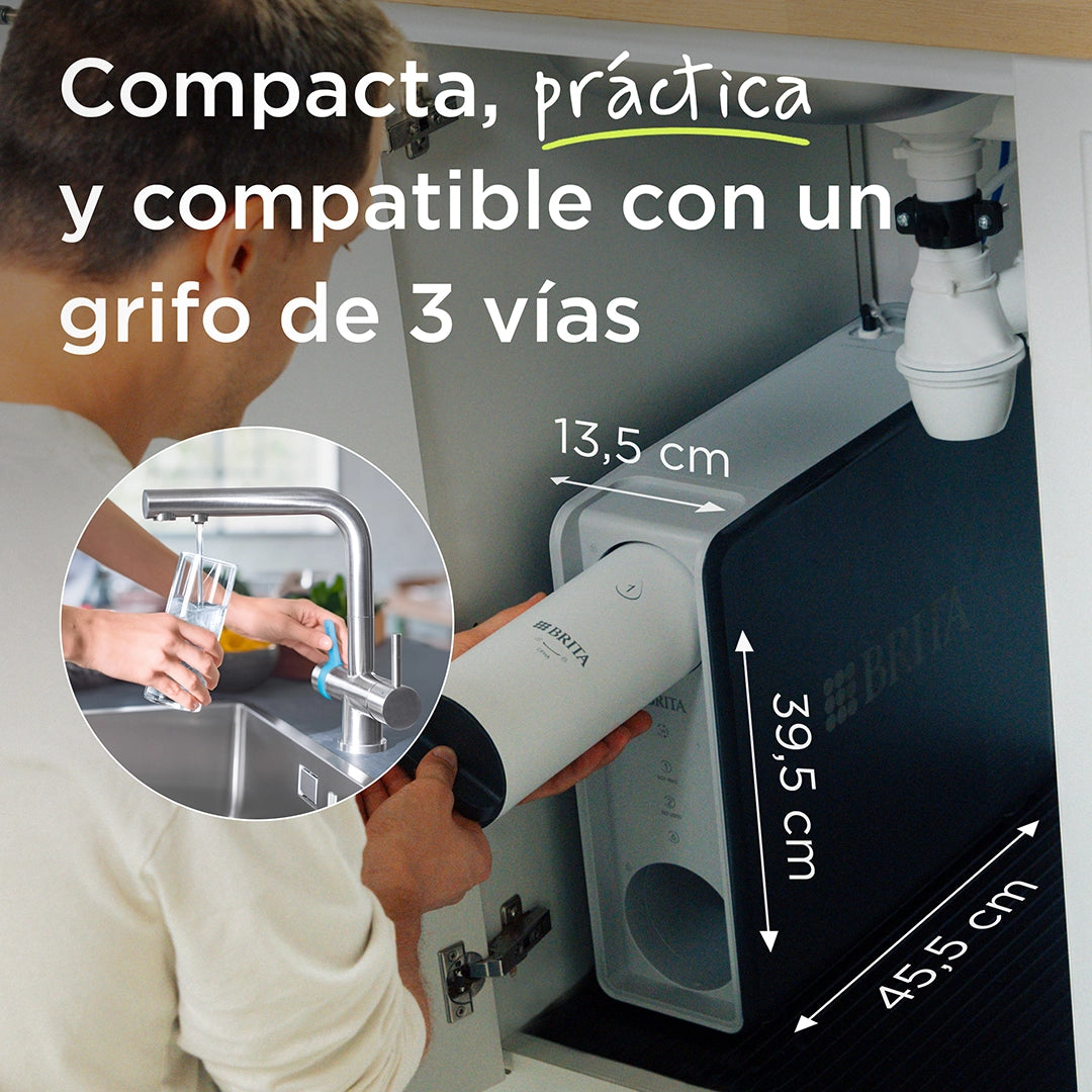 Illustration of a BRITA mypure filter being installed inside a kitchen cabinet
