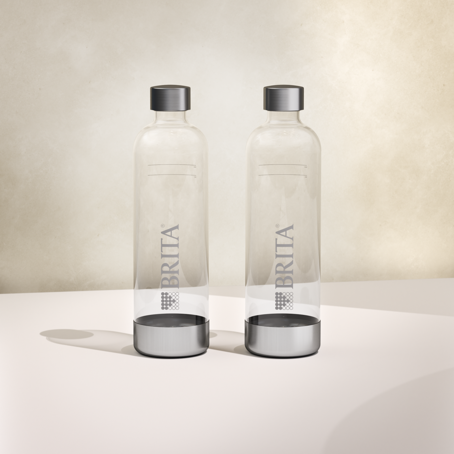 BRITA sodaONE Bottles on a beige background.