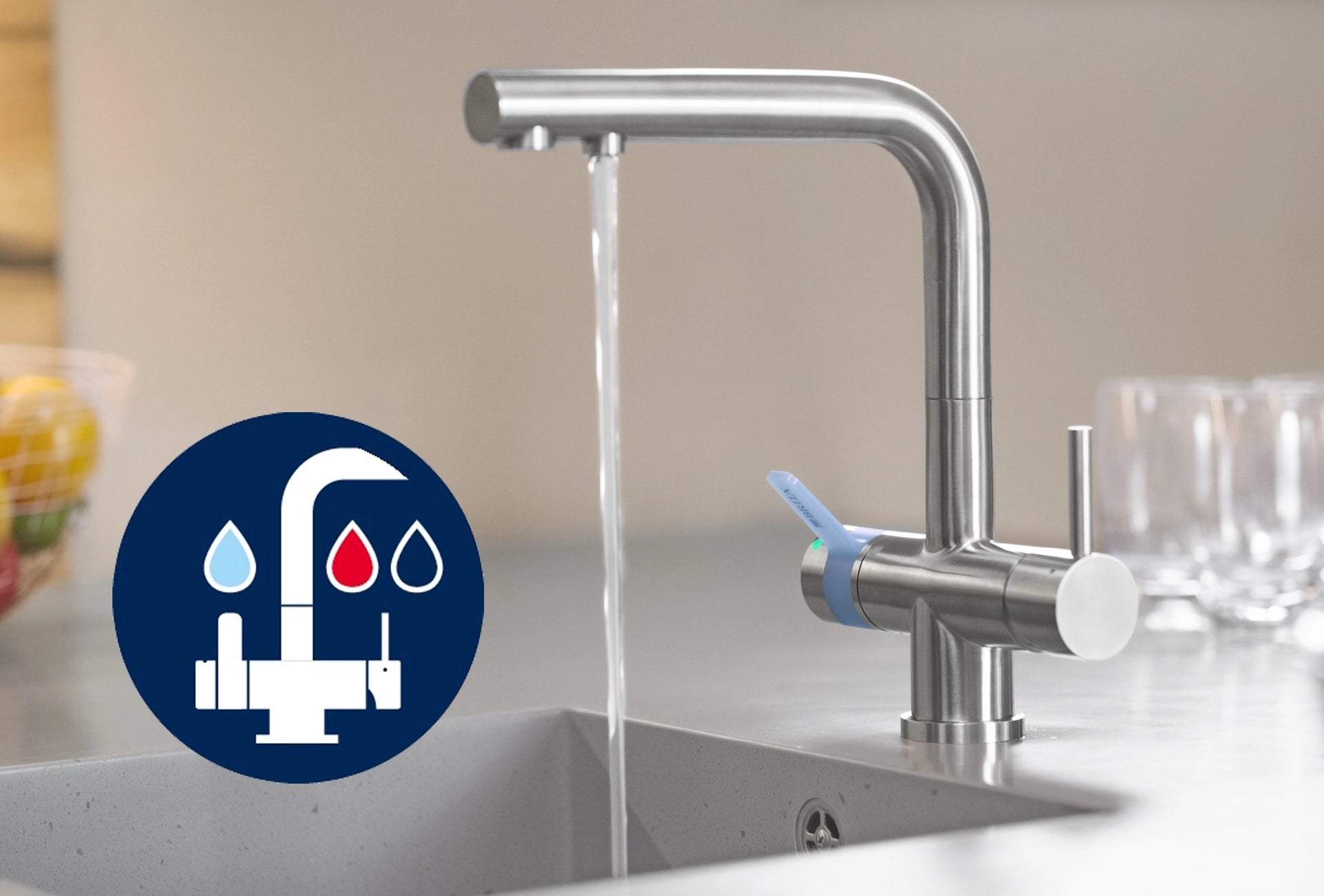 BRITA 3-way tap with 3 functions: filtered, hot and cold