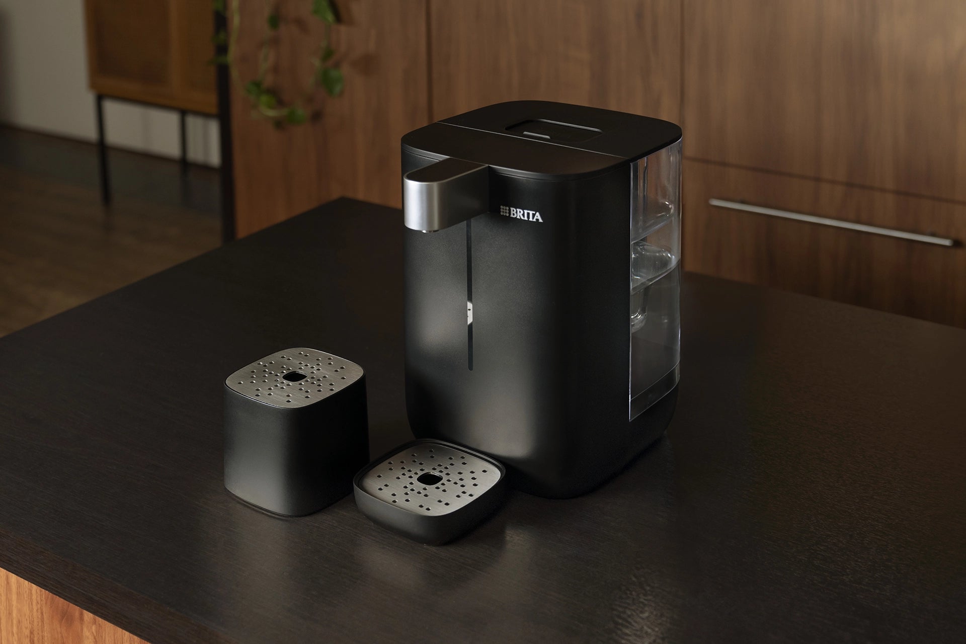 BRITA Home YOURCE mini Water Dispenser with drip tray accessories on a kitchen countertop